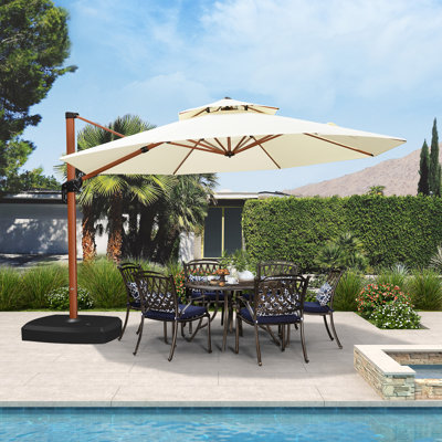 13' x 13' Round Wood Pattern Cantilever Umbrella With Wheeled Base,Cream