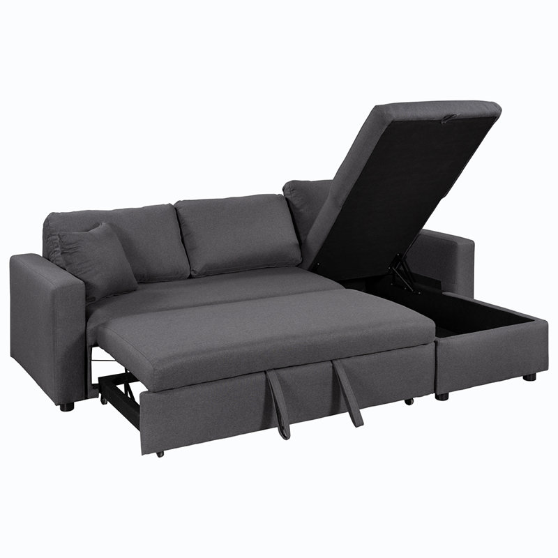 Modern Sleeper Sectional Sofa with Storage Space, Grey Fabric