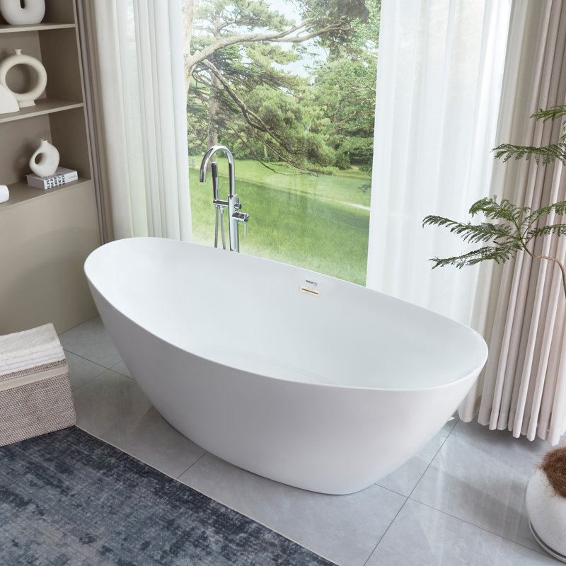 71" x 33" Freestanding Soaking Acrylic Bathtub, White/Brushed Nickel