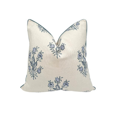 19" x 19" Blue and White Decorative Throw Pillow Cover Floral Block Print Pillow Cover