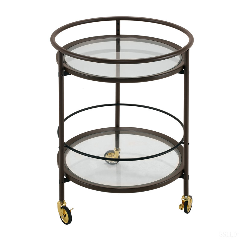 Chariot-bar rond moderne avec tablettes en verre trempé et roulettes verrouillables dorées, Brun