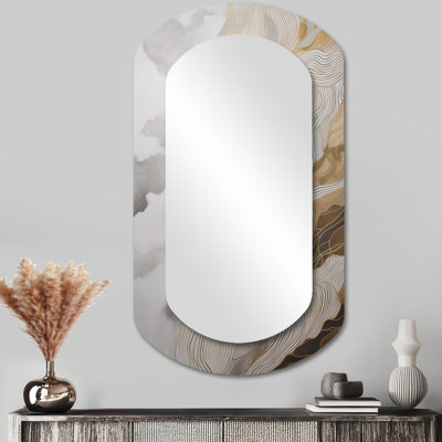 Manzanares Gold And Grey Abstracted Line Artistry III - Line Art Asymmetrical Decorative Mirror, Modern Cylinder Wall Mirror, Printed Metal Art