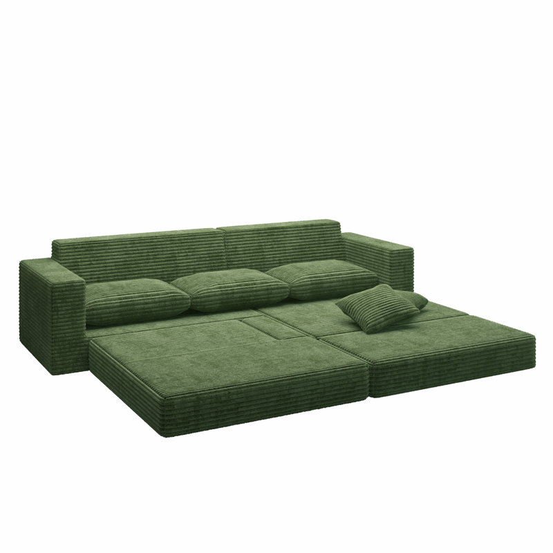 Boneless Comfy Compressed Sofa Couch Space-Efficient Design, Green Terrycloth, Right Hand Facing