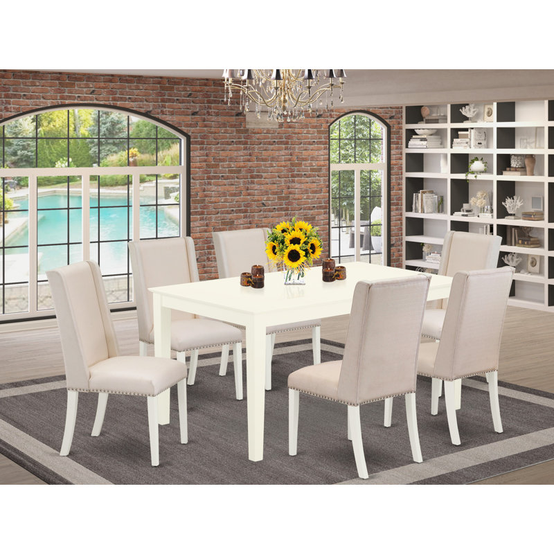 7 Piece Dining Table Set Consist of a Rectangle Kitchen Table and 6 Cream Linen Fabric Upholstered Parson Chairs, Linen White