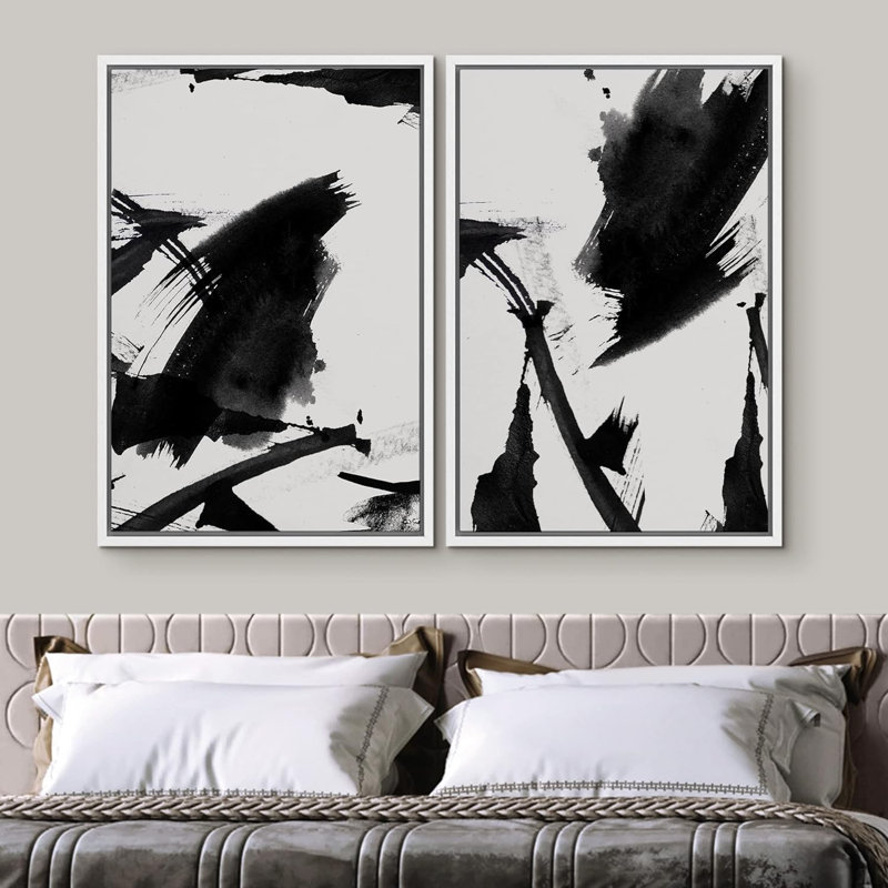 «Black Duotone Paint Stroke Landscape Abstract Shapes», 2 pièces sur toile, Cadre blanc, H 24 po x l 16 po