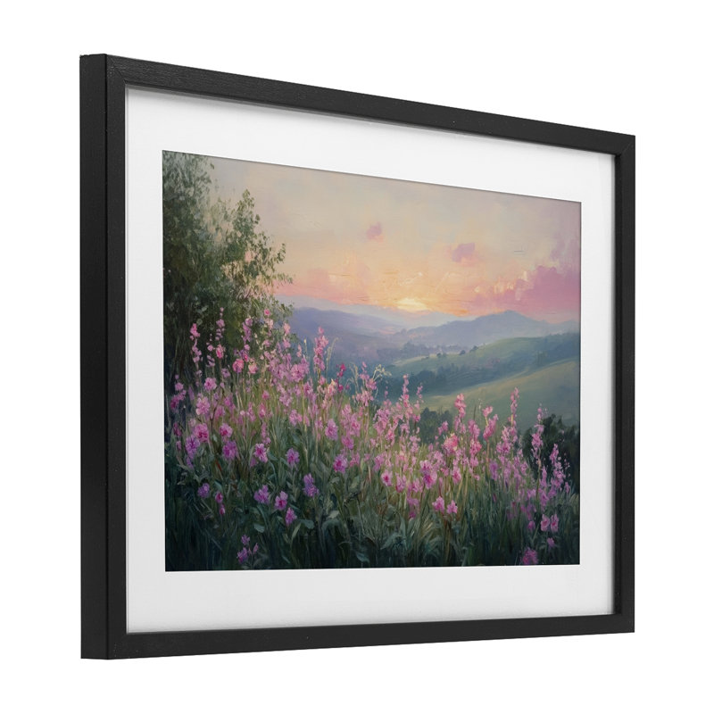 «Twilight Meadow Pink Flowers», reproduction sous verre encadrée, design par Petal Prints Design, H 14 po x l 20 po