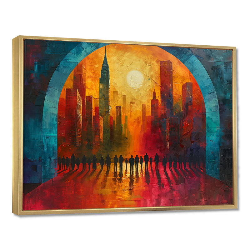 Rouge, bleu, ville, connexion, été, ciel, gratte-ciel, ponts, art mural, salon, Cadre flottant doré, H 16 po x l 32 po