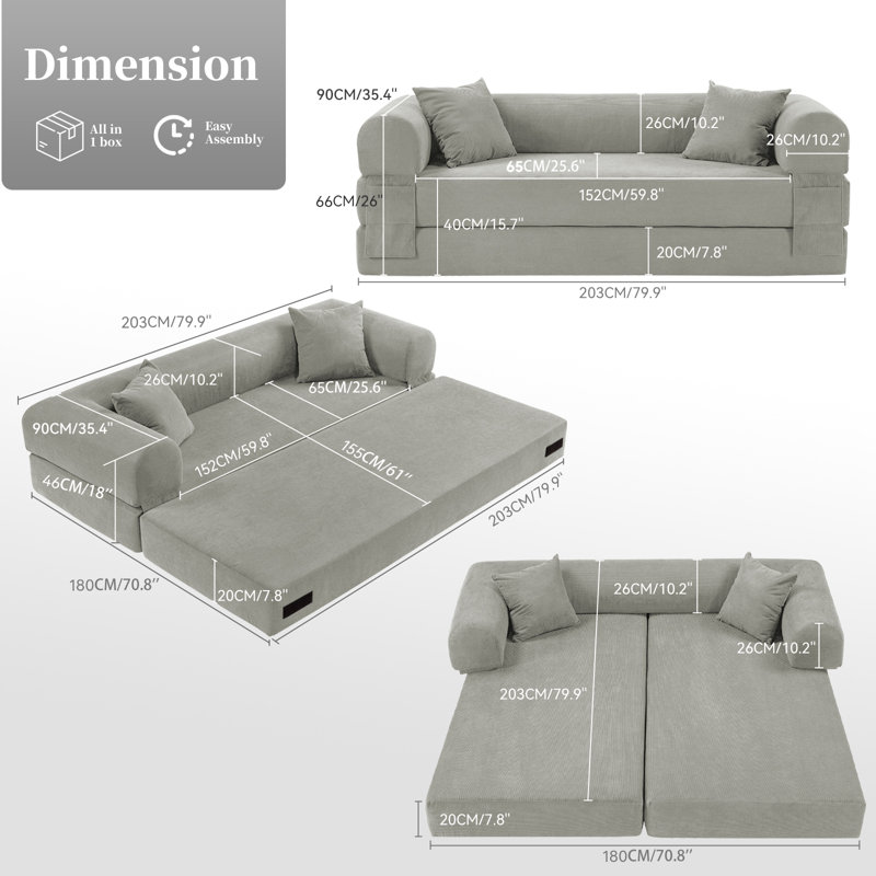 Boneless 3-Seats Convertible Floor Sofa Bed with Storage Pocket, Corduroy Folding Mattress Sofa with Zipper Closure, Floor Lounge Couch for Living Room, Bedroom
