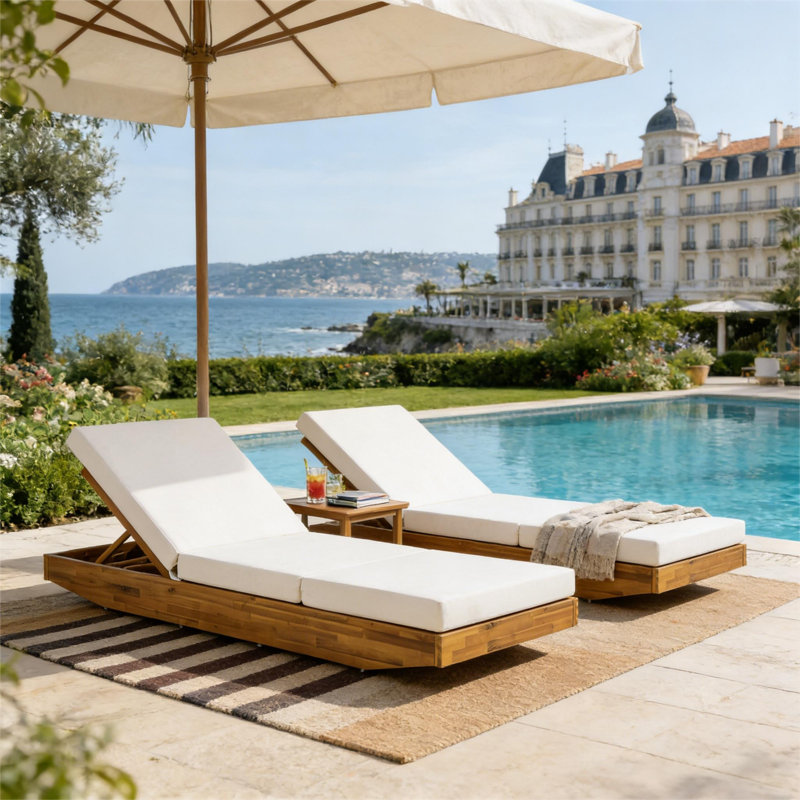 Spacieuse chaise longue de patio en bois d'acacia avec coussin crème