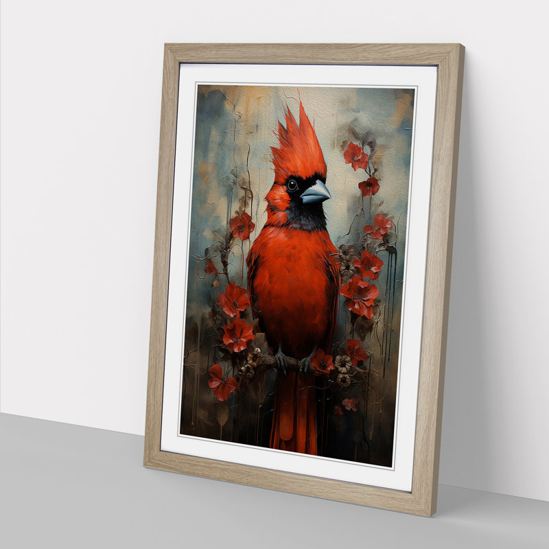 Cardinal Bird Expressionism - Single Picture Frame Print on Wood, 34cm H x 25cm W x 2cm D, Oak Framed