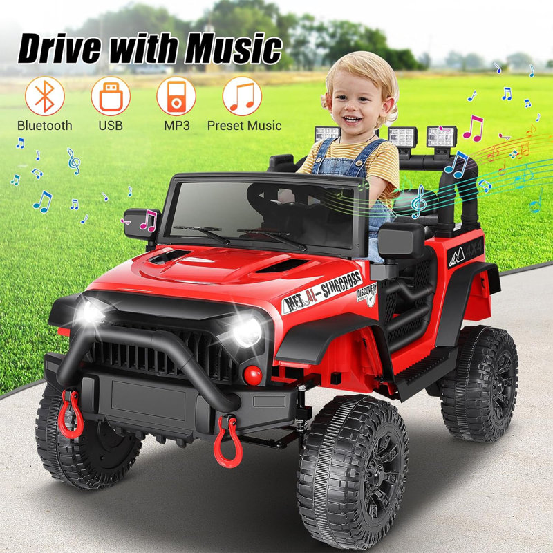 Alex 12V Electric Ride on Jeeps for Kids, Ride On Car Truck with Remote Control, Battery Power Car Wheels for Kids w/LED Lights, Bluetooth, Music, 3 Speeds, 12 Volt Ride on Toys for Boys and Girls