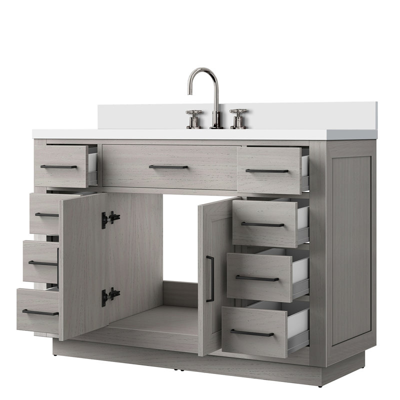 Meuble-lavabo simple en chêne blanc, 48 po Largeur, profondeur 22 po, plateau en marbre de culture, robinet, structure en bois massif l x P chêne avec robinet et fonction de fermeture en douceur