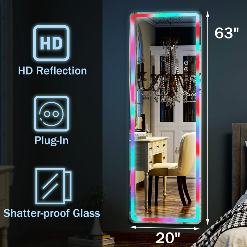 Full Length Mirror With RGB LED Light Floor Mirror Wall-Mounted, White, 63” x 24”
