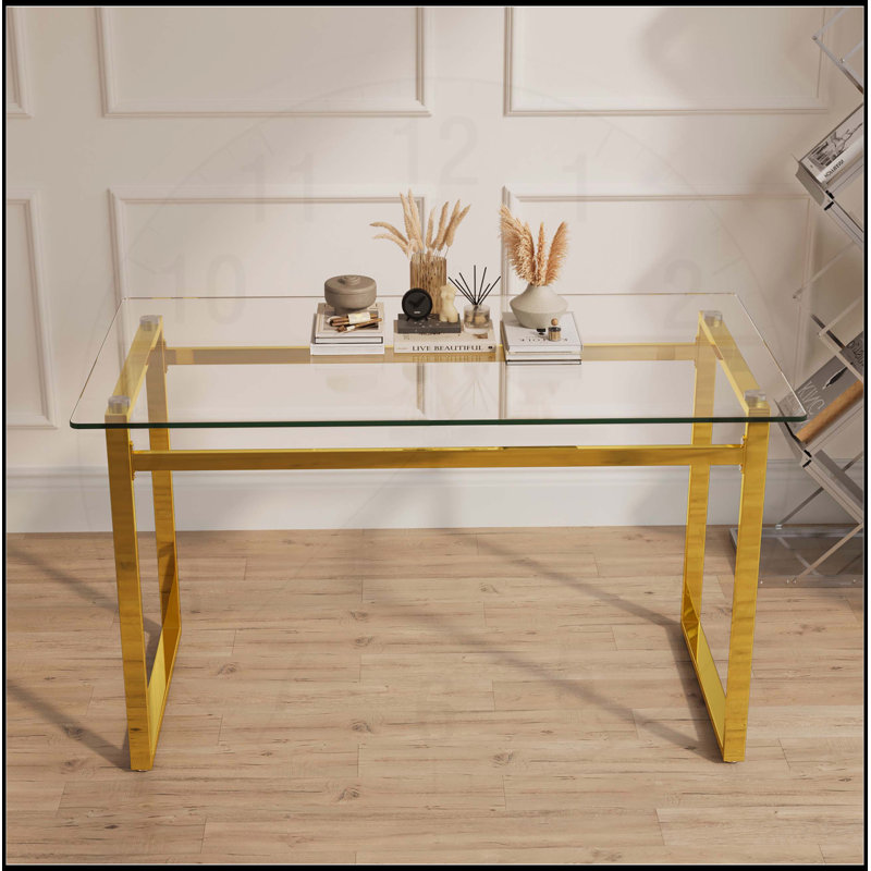 Modern Minimalist Rectangular Glass Dining Table for 4-6, Tempered Glass Top, Golden Chrome Legs, Versatile Use in Kitchen and Living Room