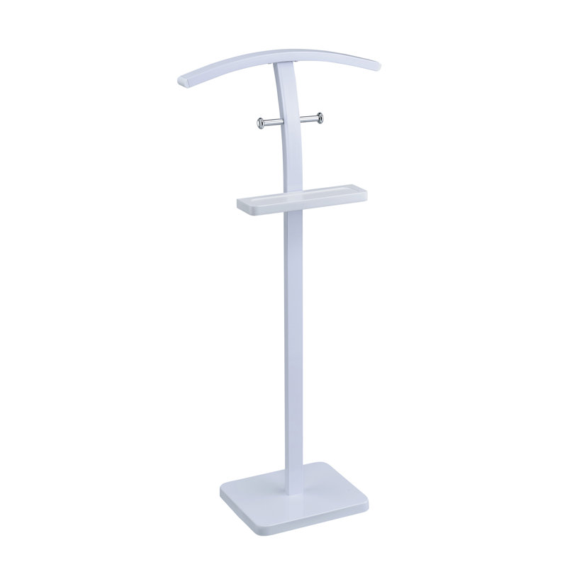 Freestanding Clothing Valet Rack Stand, Metal & Wood Suit Rack with Clothing Bar, Accessory Tray & 2 Hooks for Bedroom or Closet