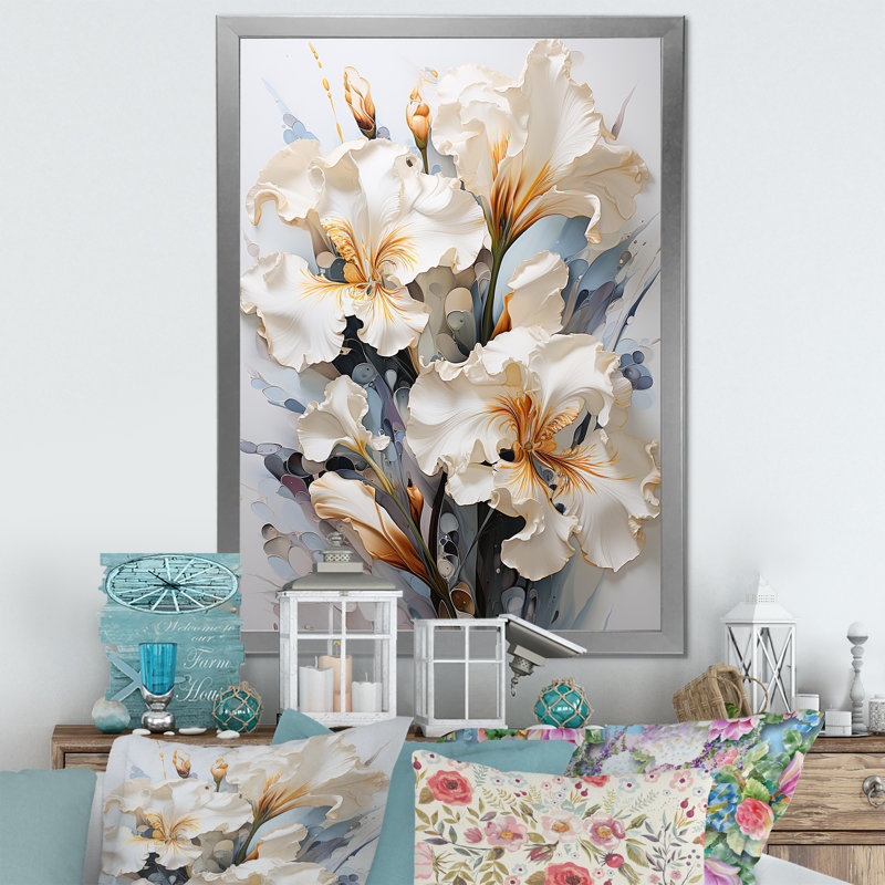 «Serenade of Irises» beige et jaune sur toile, impression sur toile, Cadre simple argenté, H 44 po x l 34 po x P 1,5 po