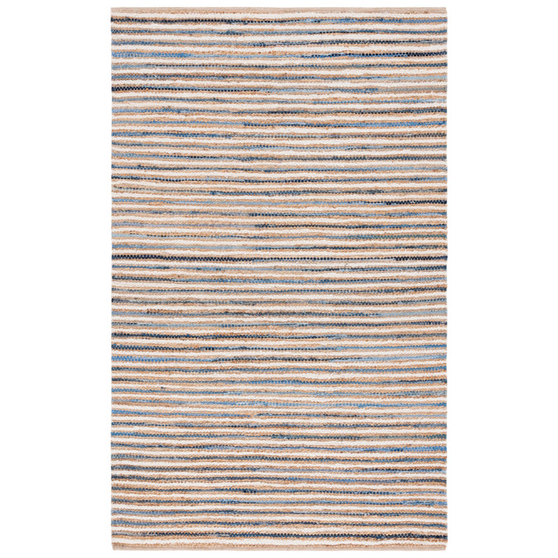 Karlen Woven Jute/Canvas/Cotton Performance Striped Rug in Natural/Blue, Square 6'