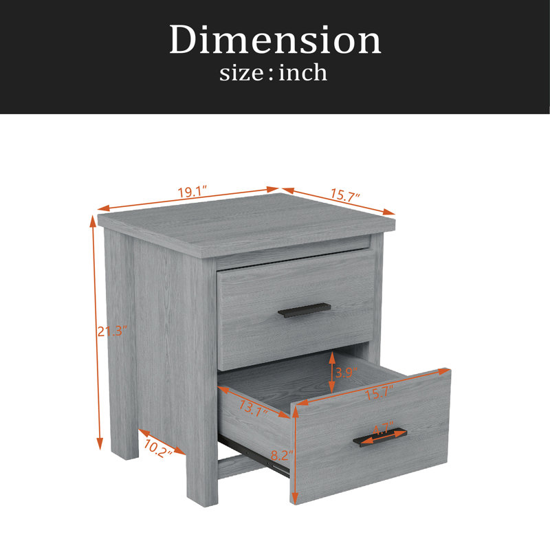 Table de chevet rétro à deux tiroirs, espace de rangement simple et généreux, Gris clair