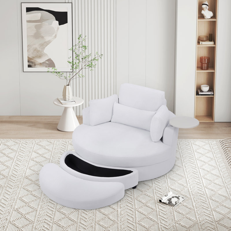 Brendis Upholstered Swivel Barrel Chair with Ottoman, White Corduroy