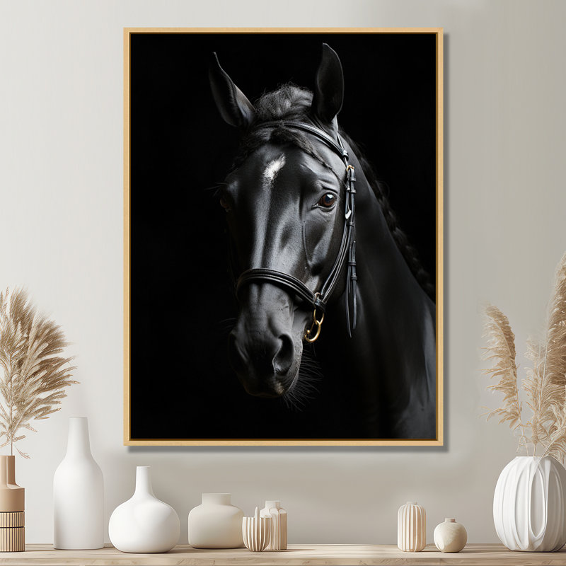 Latifat noir et blanc, cheval, élégance - art sur toile, H 40 po x l 30 po x P 1,5 po, Cadre flottant érable