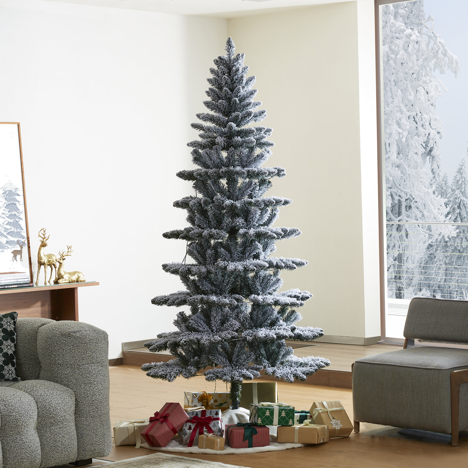Pre-Lit Flocked Slim Spruce Artificial Christmas Tree With Lights, 7.5ft