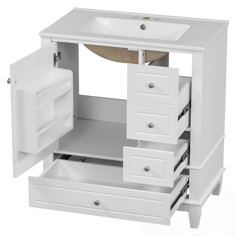 Meuble-lavabo avec lavabo, tablette et trois tiroirs, Blanc