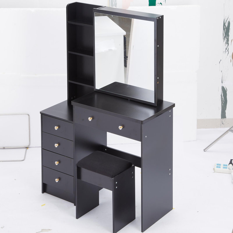Coiffeuse de 37 po de taille moyenne et tabouret rembourré, miroir coulissant 24 x 22, rangement multicouche, style américain, meuble-lavabo noir pour espaces moyens avec meuble-lavabo moyen
