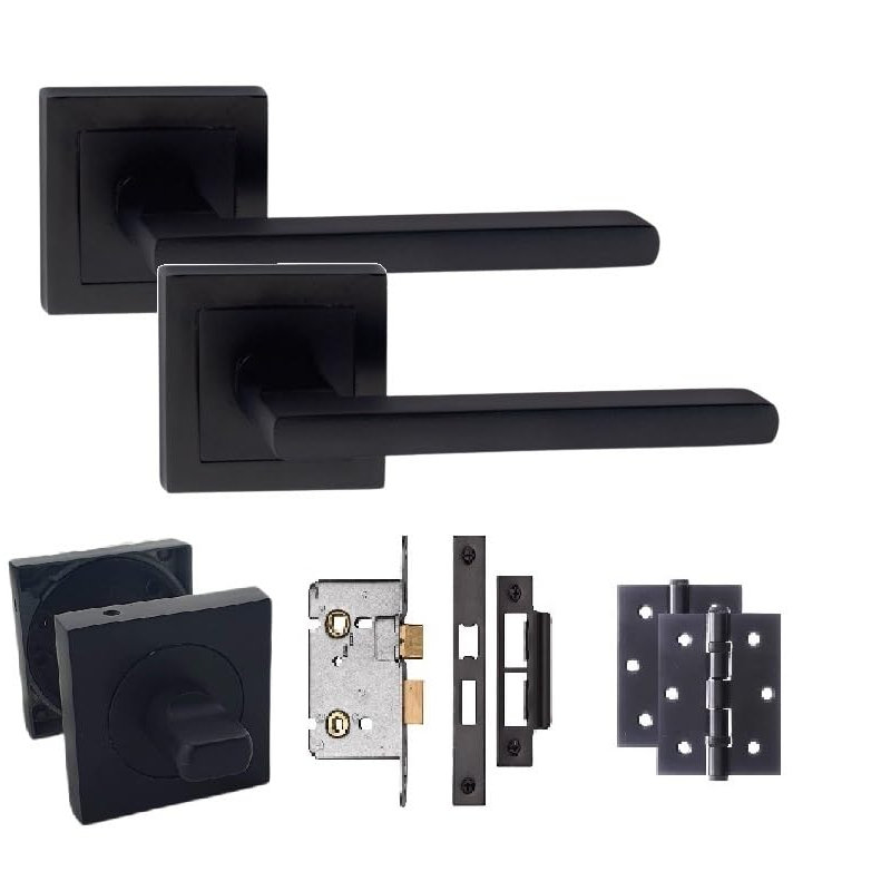  Leon Design Straight Bathroom WC Toilet Door Handles on Square Rose in Matt Black Finish with 64mm Bathroom Mortise Lock and Thumbturn