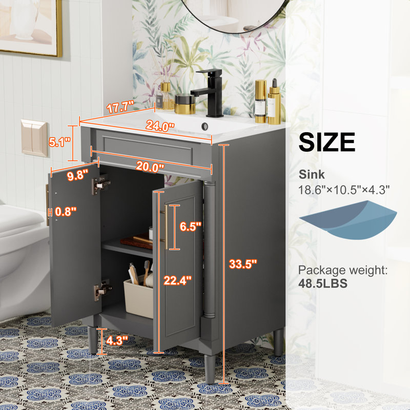 Ensemble de meuble-lavabo autoportant 24 po avec plateau Everarda, robinet, surface peinte, Gris