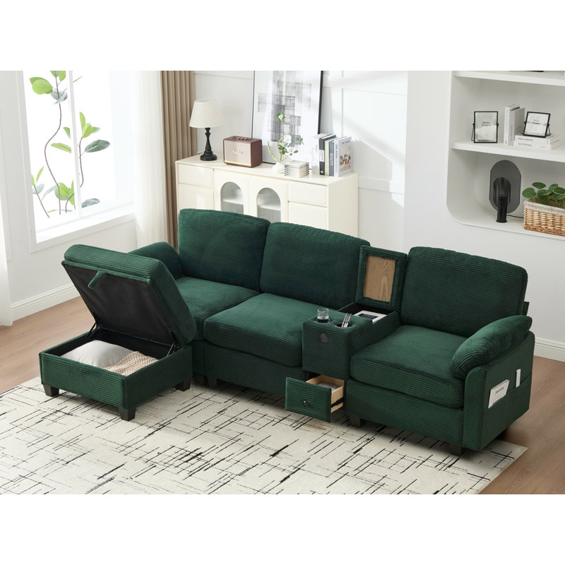 Sectional Sofa With Ottoman, Emerald Green Corduroy