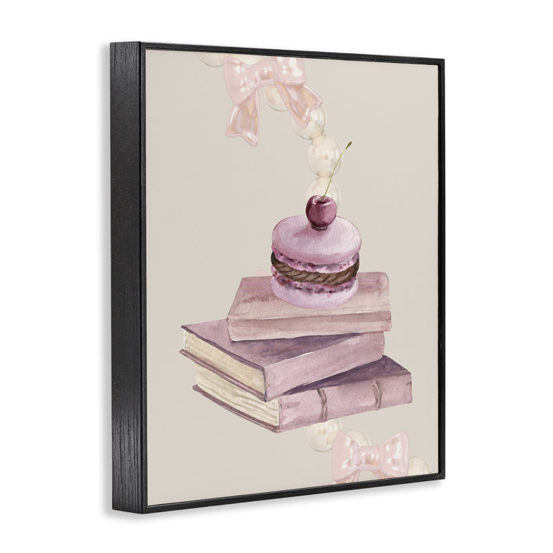 Cerise Macaron sur pile de livres, estampe numérique, conception par Jesse Keith, H 14 po x l 11 po