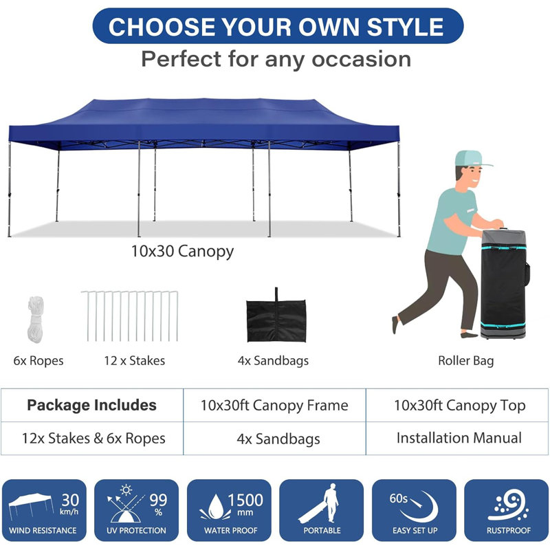 10x30 FT Pop up Heavy Duty Canopy, UPF 50+ Waterproof Outdoor Party Tents, Blue