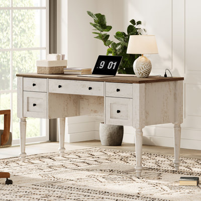 Bureau de direction de 56 po à 5 tiroirs Scarlett Farmhouse, bureaux à domicile avec station de charge, bureau d'ordinateur en bois avec compartiment de rangement arrière, bureau pour le travail et les études