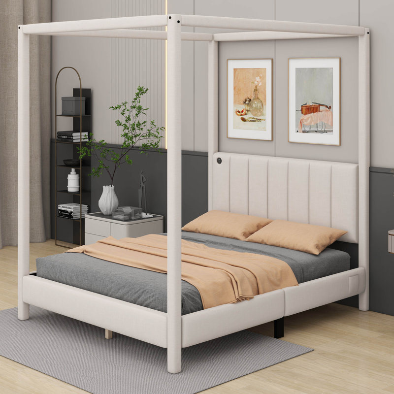 Lit à baldaquin tapissier Hokuto, Grand, Beige