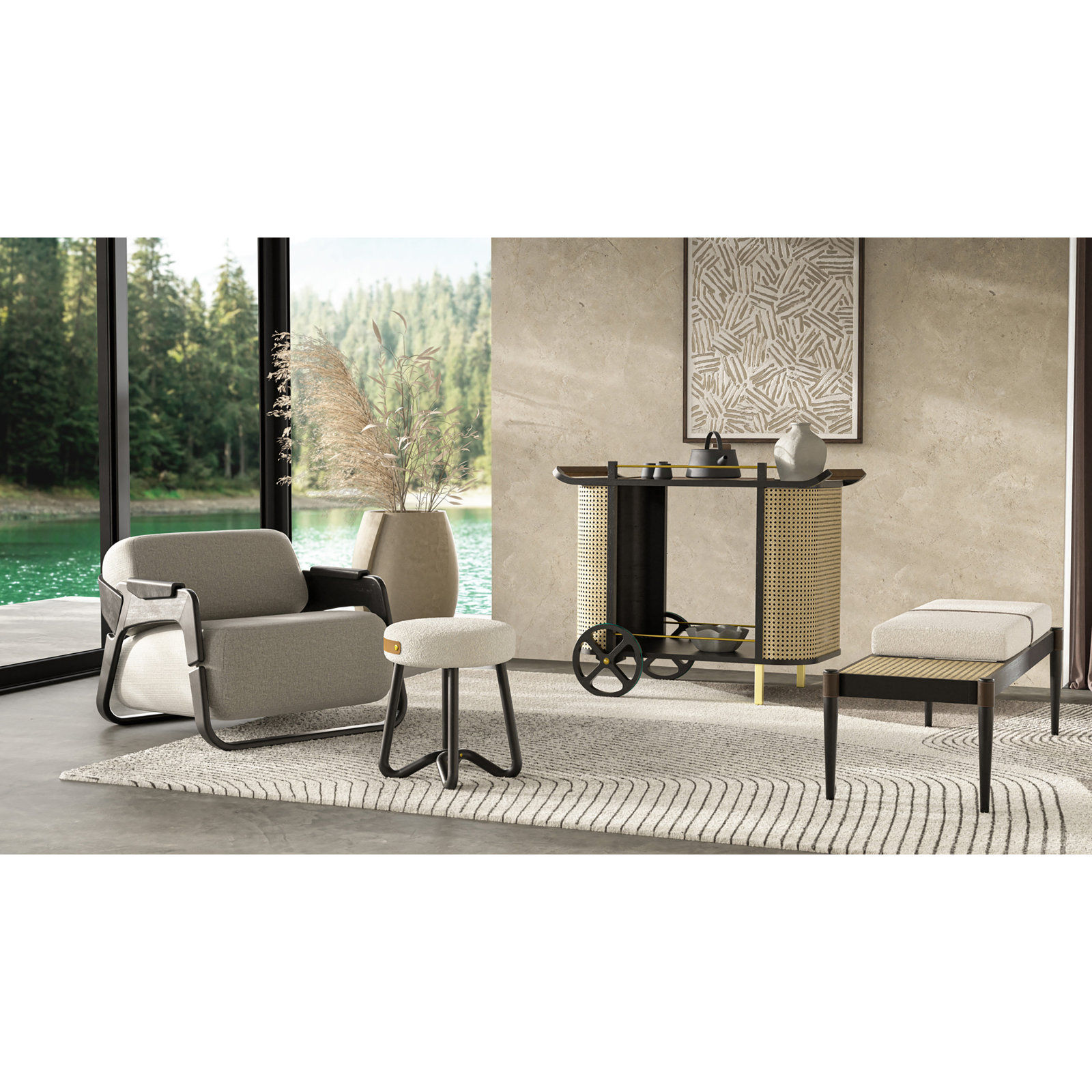Cassie Loop Upholstered Stool, Noodles Opulent/Black/Caramel