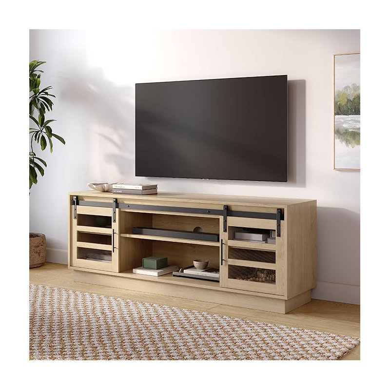 58" Modern Barn Door TV Stand, Oak Wood