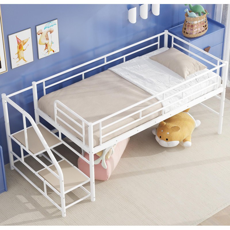 Lit mezzanine moyen avec escalier de rangement, lit simple, Blanc