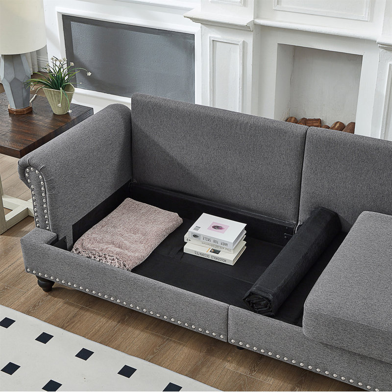 Modern Classic Design With Nails Living Room 2+3 Seater Sofa Set, Grey