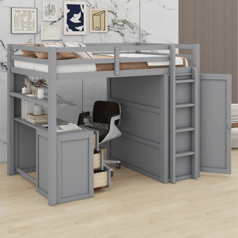 Lit mezzanine avec tiroirs, bureau et garde-robe, Grey