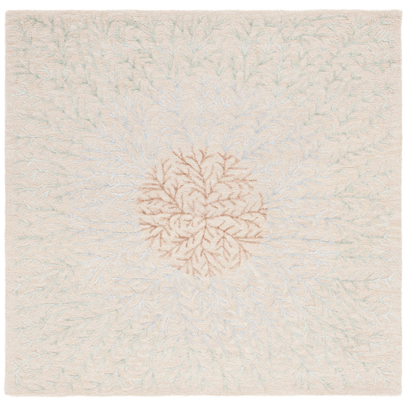 Tapis floral gris / beige en laine / coton / viscose touffeté à la main Kaiyden, Carré 6 pi