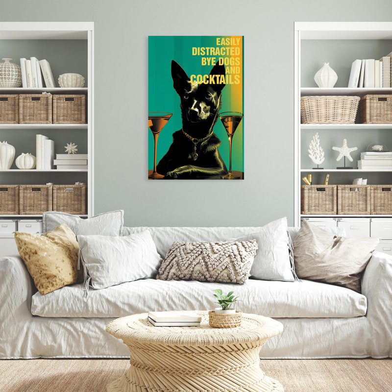 Marisia, chiens et cocktails sur toile, H 14 po x l 11 po x P 1,25 po