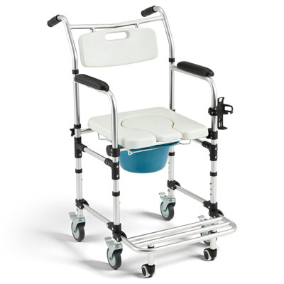 4-in-1 Bedside Commode Shower Wheelchair for Seniors and Disabled - Lockable Wheels, Detachable Bucket, Padded Seat and Armrests, Flip-Up Footrest