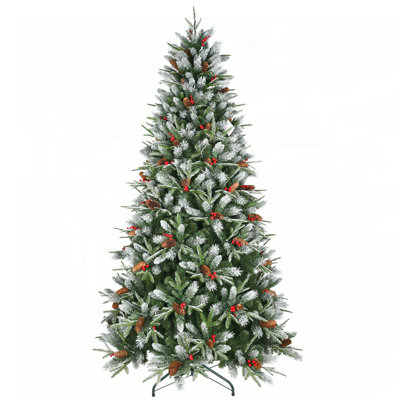8FT Christmas Tree with 2850 Tips, Red Berries Pine Cones Snow-Dusted PE PVC Branches, Hinged Design for Easy Setup, Sturdy Metal Stand