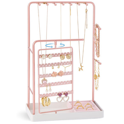 Jewelry Stand Holder Organizer Ring Tray, No-Assembly Rotating Earring Bracelet Hanging Display Velvet Storage