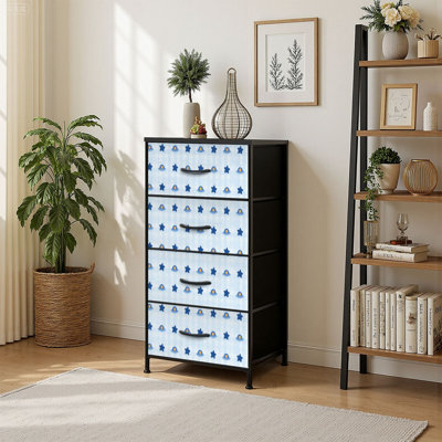4 Drawer Vertical Storage Dresser Blue Gingham with Wood Top Fabric Pull Drawers
