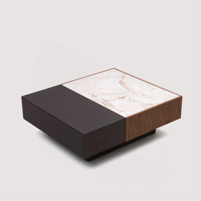 Modern Rectangle Coffee Table with Slate Top and Drawer, Wood Slat Base, Two-Tone Finish, 35.43 Inch Width