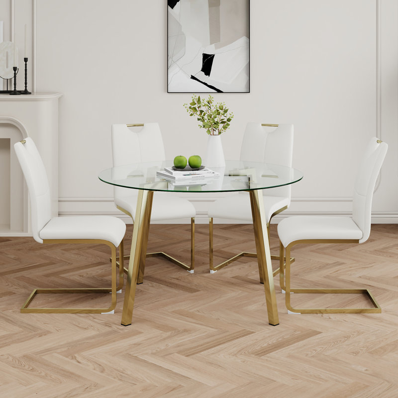 Table ronde en verre de style moderne, 5 pièces: table, 4 chaises, Blanc