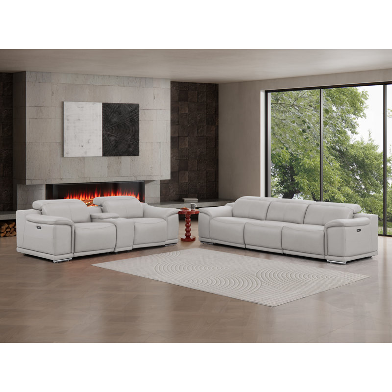Ensemble inclinable en cuir véritable - canapé et causeuse avec 5 fauteuils inclinables électriques, Gris clair