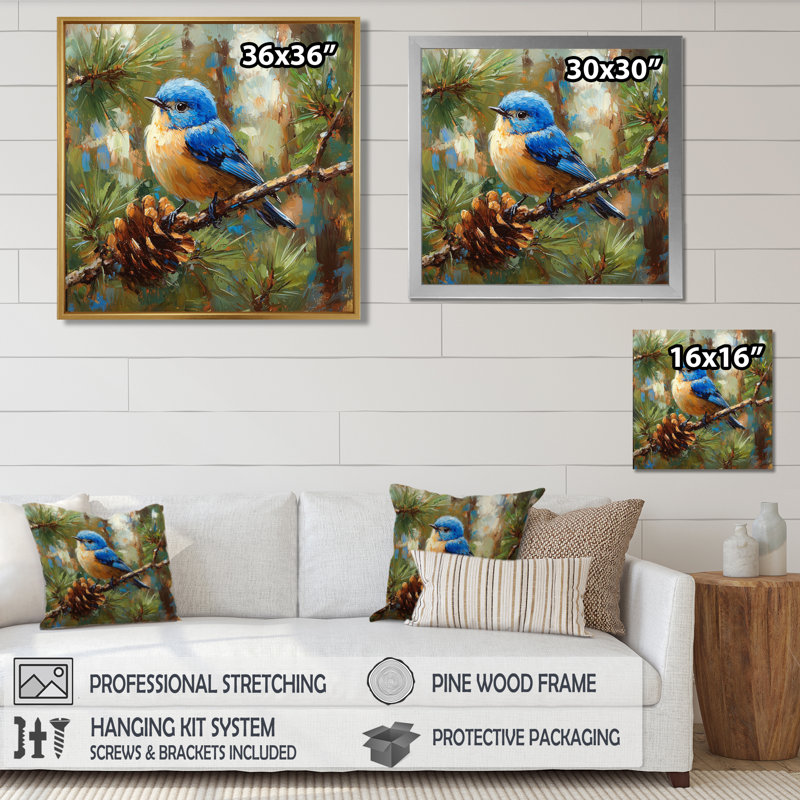«Cheery Bluebird In The Pines II», art mural oiseau, Impression encadrée flottante, H 16 po x l 16 po, Or