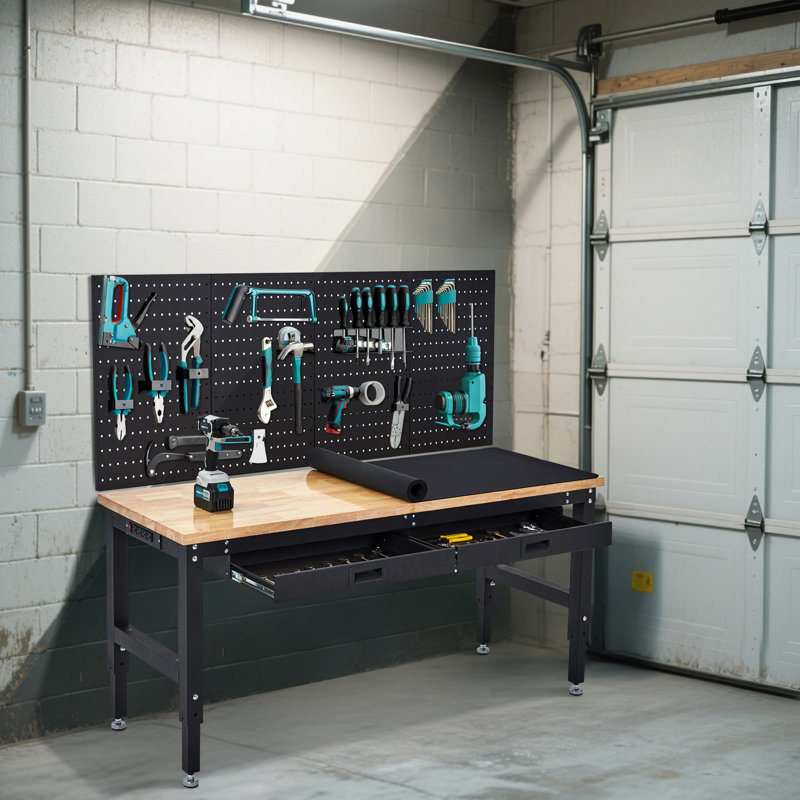 Établi de garage robuste de 60 pouces, table de travail d'une capacité de 2000 lb avec panneau perforé et tiroirs, table réglable en bois d'hévéa avec prises de courant pour atelier, maison et bureau
